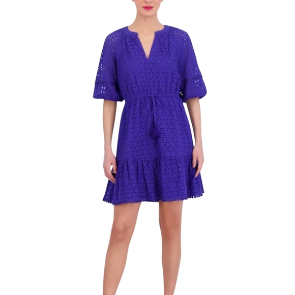 Vince Camuto Dresses & Skirts - NEW Vince Camuto Blue Eyelet Fit & Flare Cotton Tassle Waist Midi Dress Size 6